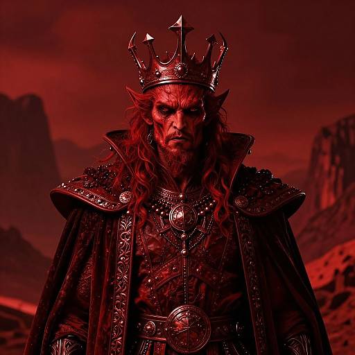 Photograph-style digital art of a fierce, bearded king with red glowing skin, crowned, wearing ornate black armor, set against a red desert