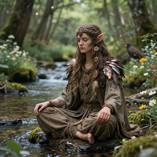 Digital fantasy artwork of an elven woman with long brown hair, wearing earth-toned robes and feathered shoulders, sitting barefoot in a mossy
