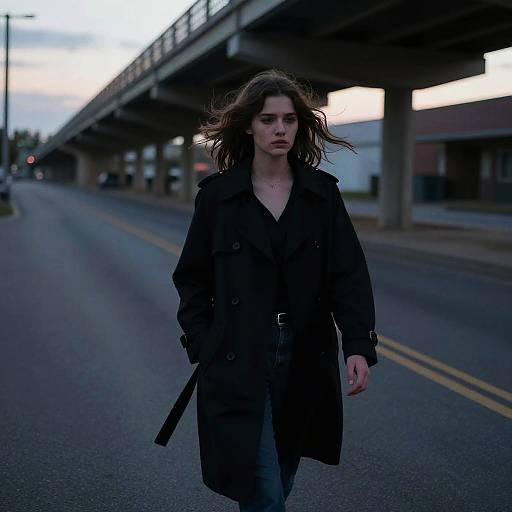 Photograph of a serious-looking woman with long brown hair, wearing a black coat and carrying a gun, walking down an empty overpass road at dusk