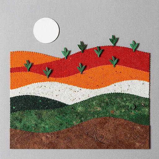 Handmade textured paper landscape with layered colors: red, orange, white, green, and brown, featuring small green plant cutouts and a white circular