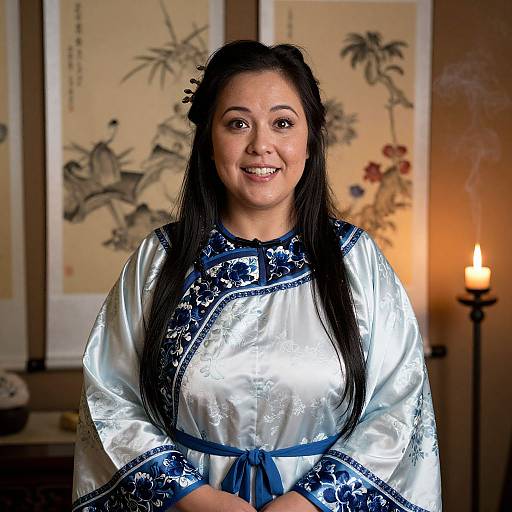Photograph of a smiling Asian woman with long black hair, wearing a silver and blue embroidered traditional Chinese dress, standing in a warmly lit room with bamboo