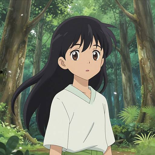 Anime-style drawing of a young girl with long black hair, brown eyes, wearing a white shirt, standing in a lush forest.