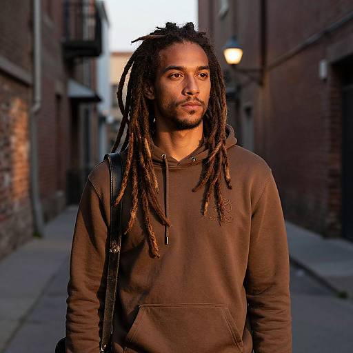 Photograph of a young Black man with long dreadlocks, wearing a brown hoodie, standing on a narrow, dimly lit urban alley at dusk.