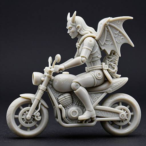 White 3D sculpted bat-winged figure riding a detailed motorcycle, side profile, against a black background, intricate armor and wing textures.