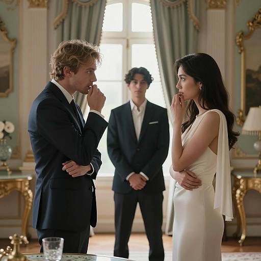 Intense Conversation in Ornate Room