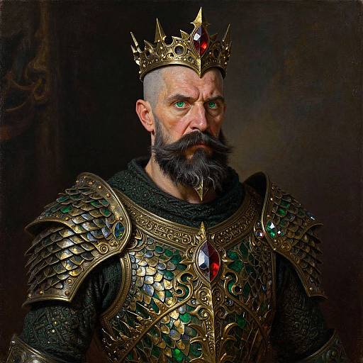 Photorealistic portrait of a bearded king with a bald head, wearing a golden crown, ornate armor, and green gemstones, against a