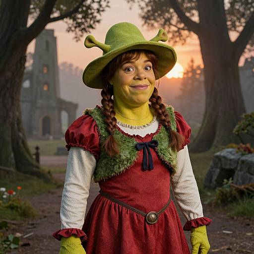 Photograph of a woman in a green frog hat, yellow face paint, red dress with white sleeves, and green vest, standing in a misty