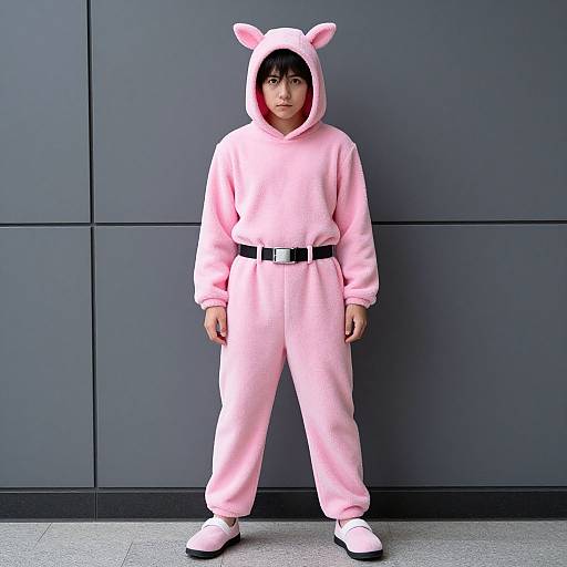 Photograph of a young person with short black hair wearing a pink animal-themed hooded onesie, black belt, and pink shoes, standing against a