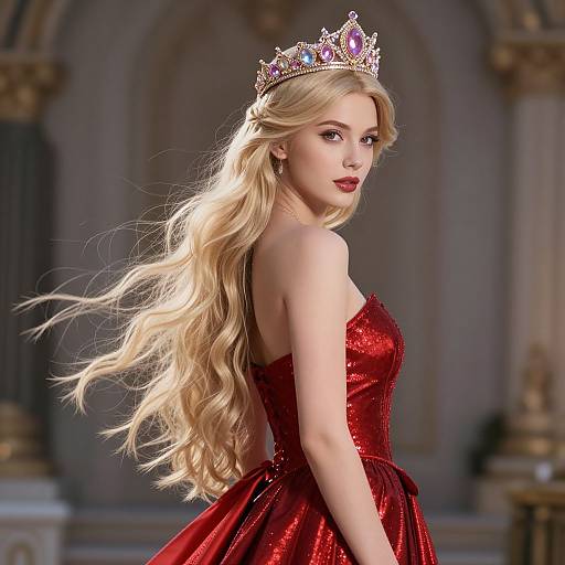 Regal Blonde Queen in Red Dress