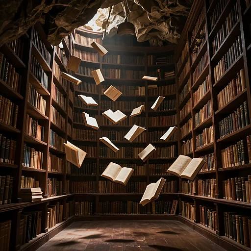 Photograph of a dimly lit, towering library with wooden shelves filled with books, illuminated by floating open books suspended in mid-air.