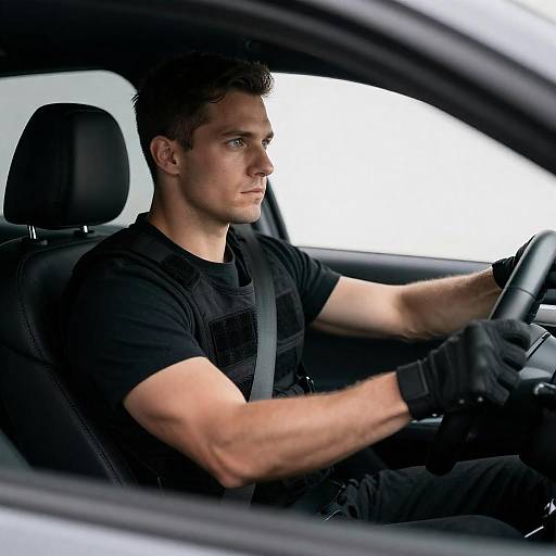 Tactical Driver with Intense Blue Eyes