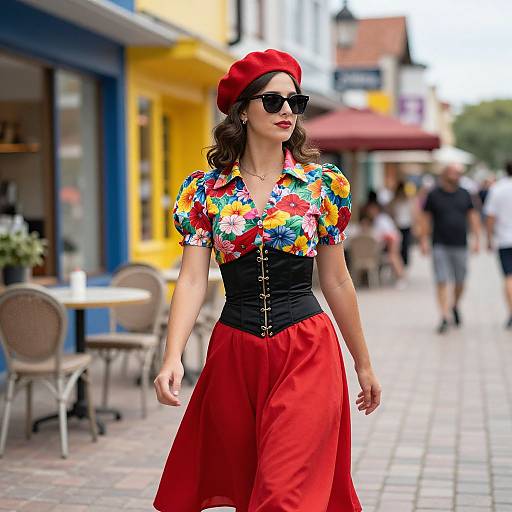 Photograph of a stylish woman with curly brown hair, red beret, black floral blouse, red skirt, black corset, and sunglasses, walking