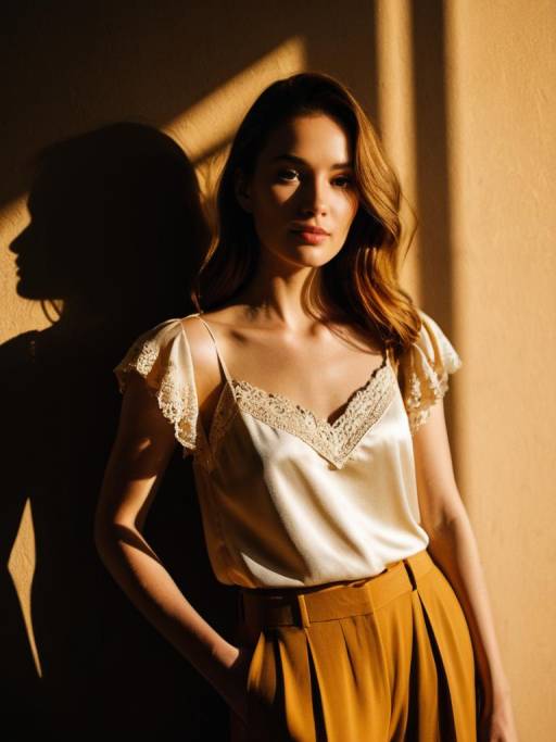 Woman in Cream Satin Camisole and Camel Trousers