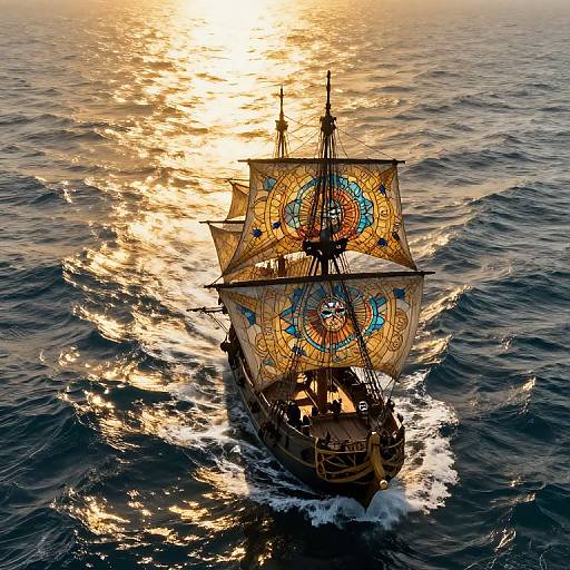 Photograph of a vintage, ornately decorated sailboat with golden, stained-glass sails, sailing through sunlit, rippling ocean waves at sunset