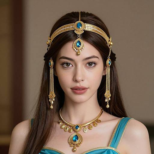 Photograph of a young woman with fair skin, long dark brown hair, wearing an elaborate gold and blue jeweled headpiece and necklace, with blue