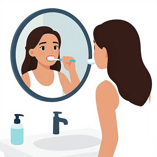 Digital illustration of a woman with long black hair brushing her teeth in front of a mirror, wearing a white tank top, with blue faucet and soap dispenser