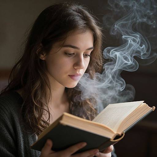 Photograph of a young woman with long brown hair, wearing a black sweater, reading an open book emitting blue smoke.