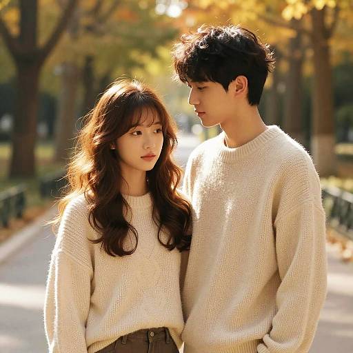 Young Couple in Matching Sweaters in Autumn Park