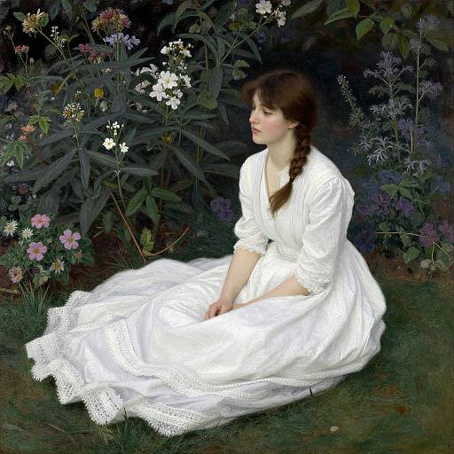 Photograph-style digital painting of a fair-skinned woman with brown braided hair, wearing a white lace-trimmed dress, sitting in a lush