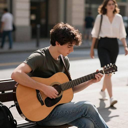 Sunlit Street Guitarist on Bench