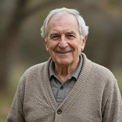 Photograph of an elderly man with white hair, smiling, wearing a gray cardigan over a gray polo shirt, standing outdoors.