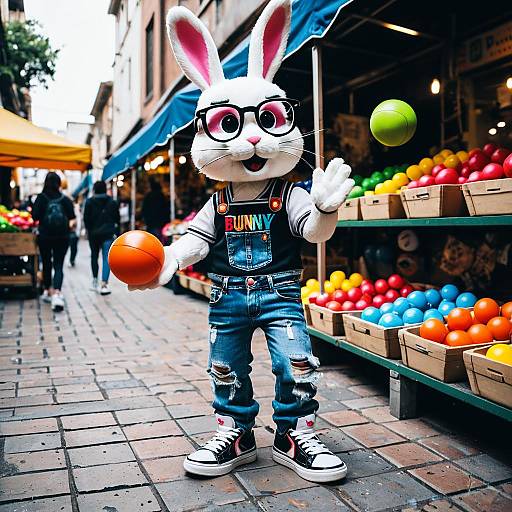 Funko Pop Bunny Juggling Colorful Balls in Street Market