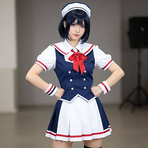 Digital anime-style drawing of a young woman in a navy and white sailor uniform with red ribbon, white cap, and hands on hips, standing in a