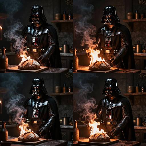 Photograph: Darth Vader in glossy black armor, standing before a burning fire, roasting a loaf of bread in a dimly lit, medieval-style