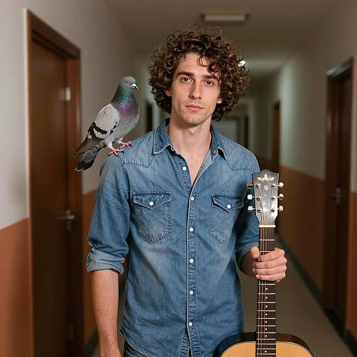 Man with Guitar and Pigeon on Shoulder