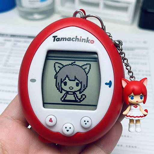 Photograph of a red Tamagotchi with a screen showing a gray-haired cat-girl, accompanied by a red-haired cat-girl sticker. Background: