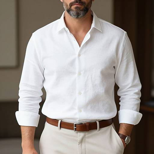 Photograph of a bearded man in a crisp white button-down shirt and white pants, brown leather belt, brown watch, standing indoors.