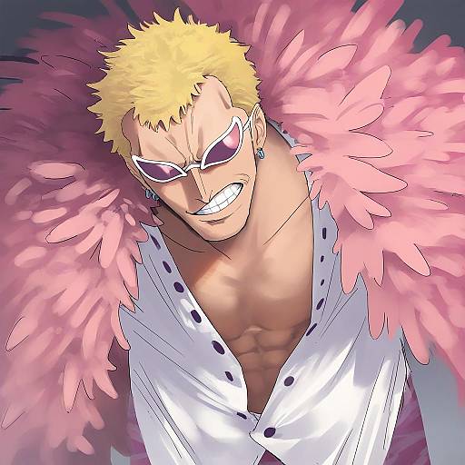 Illustration of Donquixote doflamingo, one piece in the style of Kaedeko (kaedelic)