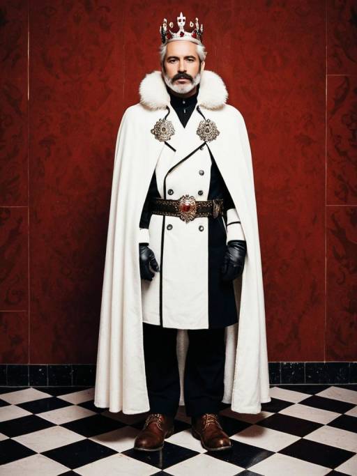 Regal Man in White Cape and Crown Standing on Checkered Floor