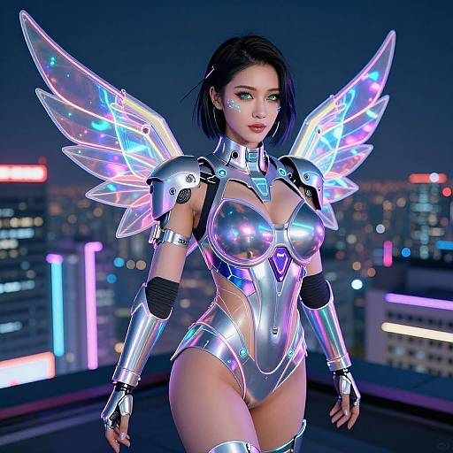 Digital artwork: Asian woman with short black hair, neon silver winged armor, and futuristic cityscape background, standing confidently at night.