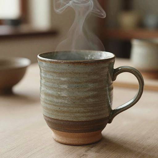 Photograph of a rustic, ceramic mug with green and brown stripes, emitting steam, on a wooden table in a softly lit kitchen.
