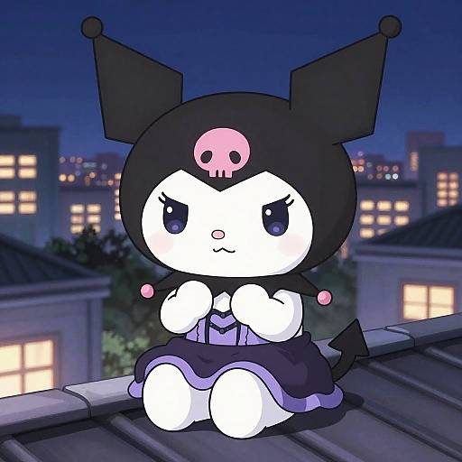 Digital anime-style drawing of a white, chibi catgirl with black jester hat and skull, purple dress, sitting on rooftop at night, city