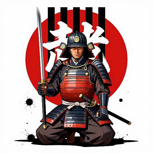 Kneeling Samurai Illustration with Red Sun