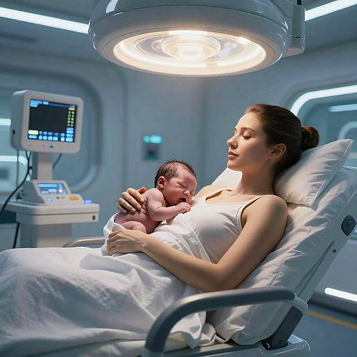 Photograph of a serene mother with light skin and brown hair, in a white hospital gown, holding and gently rocking a sleeping newborn under a hospital bed