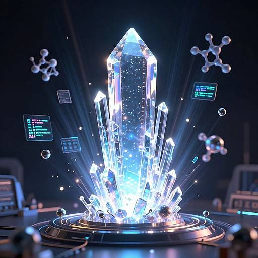 Digital artwork of glowing, crystalline structures emitting bright blue light, surrounded by floating molecular models and futuristic holographic displays.