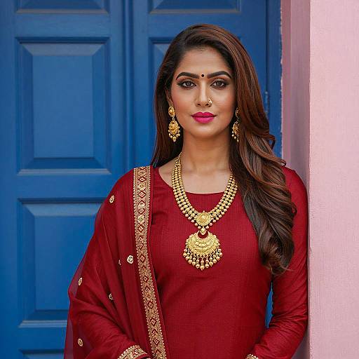Woman in Red Traditional Indian Attire with Gold Jewelry