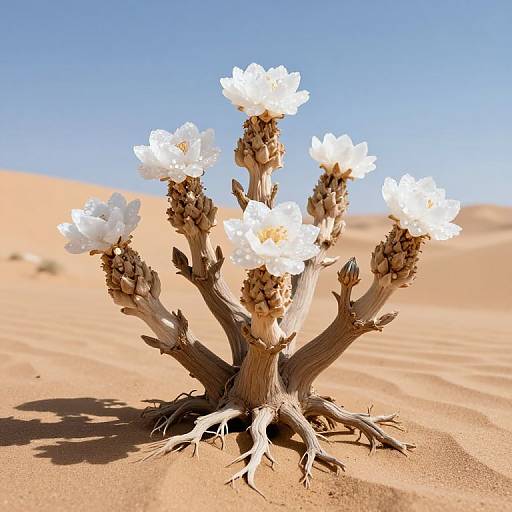 Photograph of a unique desert plant with a twisted, gnarled trunk and six white flowers blooming against a clear blue sky and golden sand d