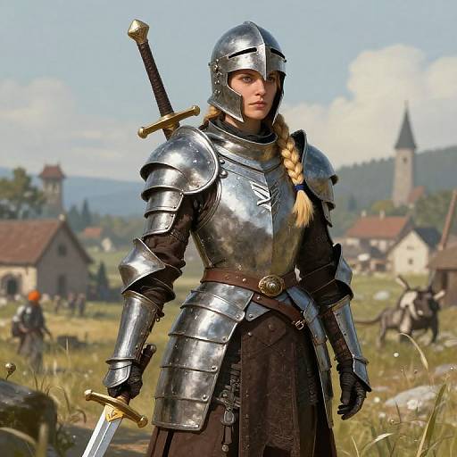 CGI medieval warrior woman in shiny silver armor with braided hair, standing in a grassy village, holding a sword, with a distant church in