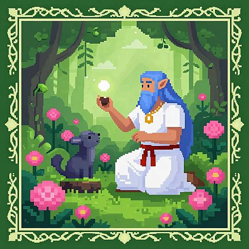 Pixel art of a blue-bearded wizard in white robe, holding a glowing orb, sitting beside a black cat, surrounded by pink flowers in a lush