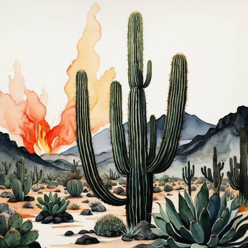 Desert Cactus with Flowing Lava Watercolor