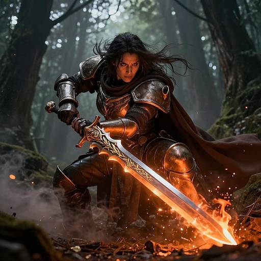 Digital artwork of a fierce, dark-haired warrior in shining armor, holding a blazing sword in a misty forest, ready to strike.