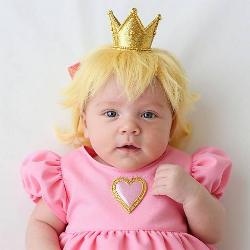 Photograph of a baby with blonde wig, gold glitter crown, pink dress with heart emblem, and blue eyes, against a white background.