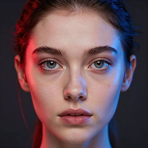 Photograph of a young woman with fair skin, blue eyes, and dark brown hair, illuminated by red and blue lights against a black background. Her