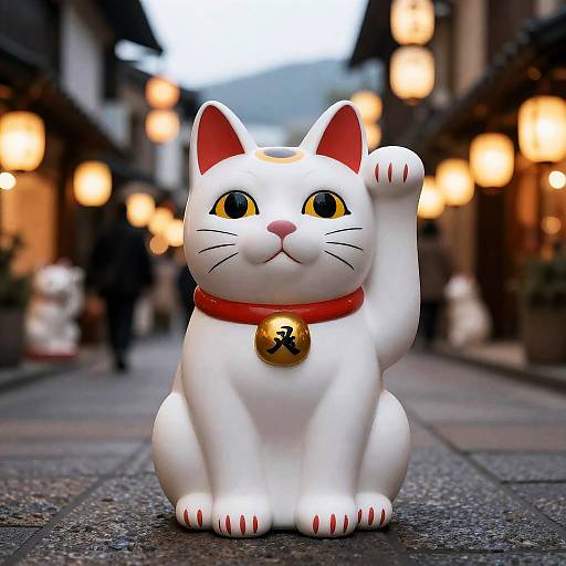 Maneki-neko Cat Figurine on Lantern-lit Street