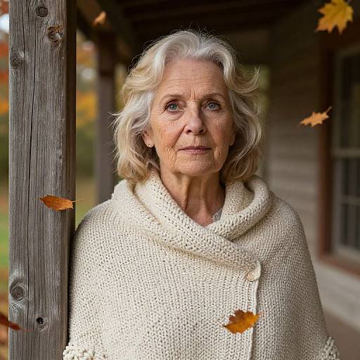 Photograph of an elderly woman with wavy white hair, wearing a cream knitted cloak, standing by a wooden porch, autumn leaves falling around her