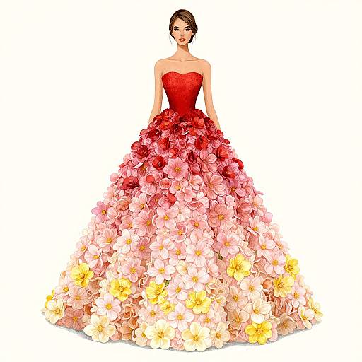 Digital illustration of a woman in a strapless, red, floral-embellished ball gown with a voluminous, multi-colored flower skirt.